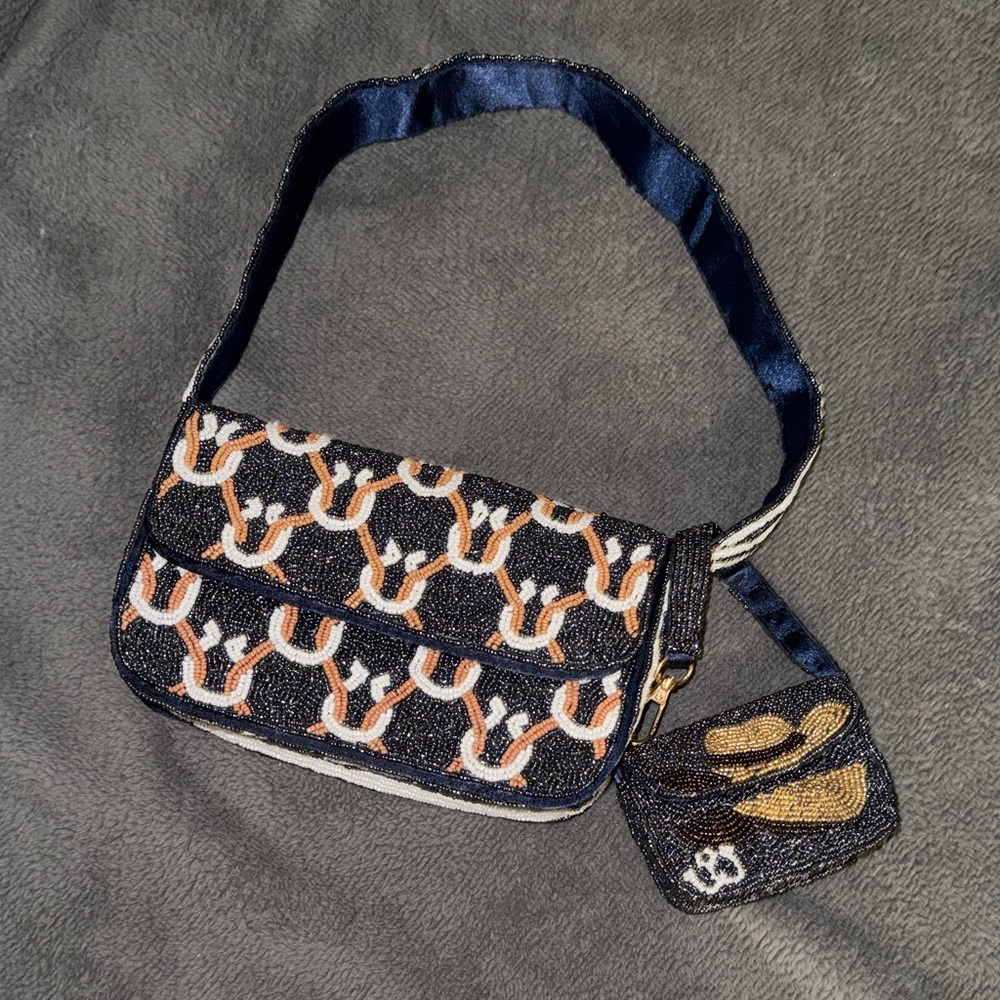 Rachel Zoe Navy and Orange Beaded Clutch
